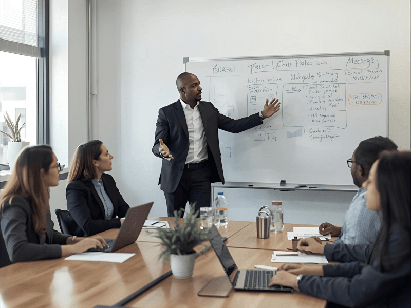 Un chef de projet qui présente devant un tableau blanc